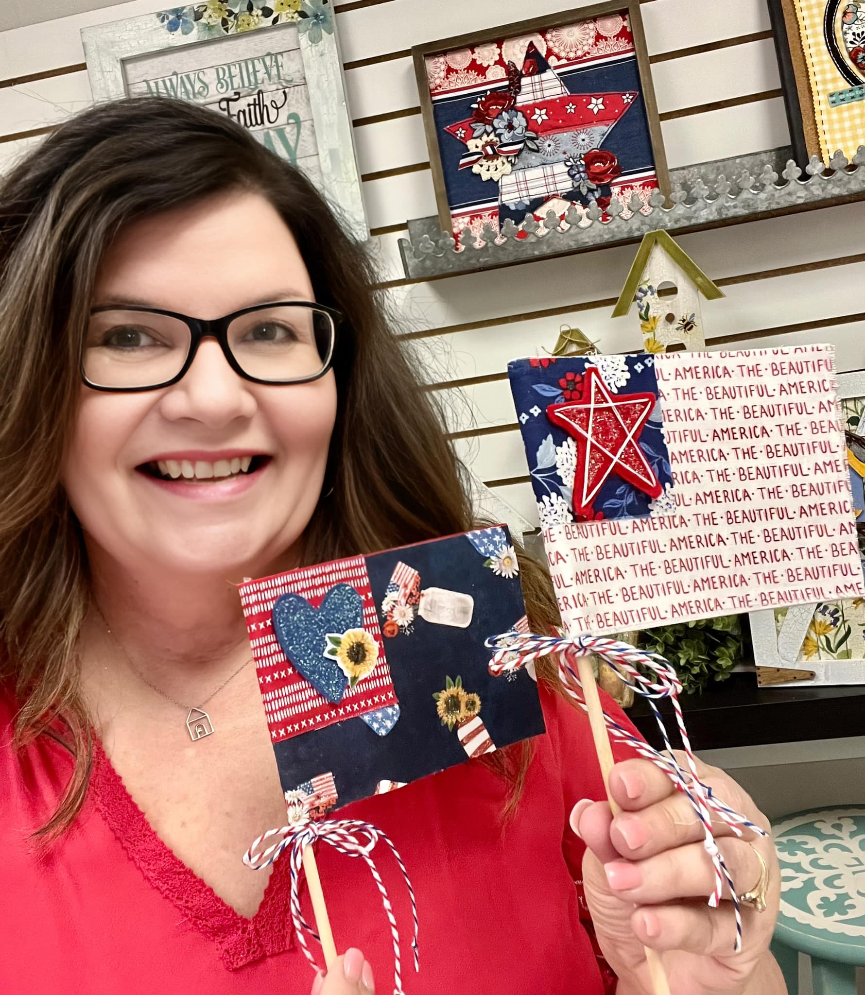 Tracy holding her fabric patriotic flags